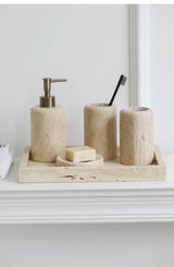 Wabi-Sabi Luxus Badezimmer-Set – Keramik & Travertin | Seifenspender, Mundspülbecher, Zahnputzbecher & Seifenschale