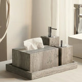 Natürliche Silbergraue Cave-Stone Luxus-Badaccessoires-Set – Seifenspender in Marmoroptik, Shampooflasche, Taschentuchbox & Ablage