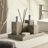 Natürliche Silbergraue Cave-Stone Luxus-Badaccessoires-Set – Seifenspender in Marmoroptik, Shampooflasche, Taschentuchbox & Ablage