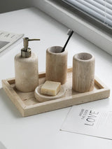 Wabi-Sabi Luxus Badezimmer-Set – Keramik & Travertin | Seifenspender, Mundspülbecher, Zahnputzbecher & Seifenschale
