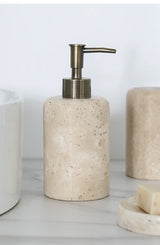 Wabi-Sabi Luxus Badezimmer-Set – Keramik & Travertin | Seifenspender, Mundspülbecher, Zahnputzbecher & Seifenschale