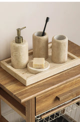 Wabi-Sabi Luxus Badezimmer-Set – Keramik & Travertin | Seifenspender, Mundspülbecher, Zahnputzbecher & Seifenschale
