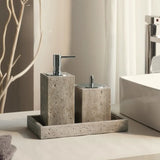 Natürliche Silbergraue Cave-Stone Luxus-Badaccessoires-Set – Seifenspender in Marmoroptik, Shampooflasche, Taschentuchbox & Ablage