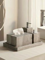 Natürliche Silbergraue Cave-Stone Luxus-Badaccessoires-Set – Seifenspender in Marmoroptik, Shampooflasche, Taschentuchbox & Ablage