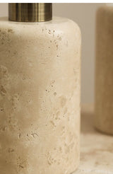 Wabi-Sabi Luxus Badezimmer-Set – Keramik & Travertin | Seifenspender, Mundspülbecher, Zahnputzbecher & Seifenschale