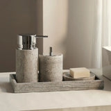 Natürliche Silbergraue Cave-Stone Luxus-Badaccessoires-Set – Seifenspender in Marmoroptik, Shampooflasche, Taschentuchbox & Ablage